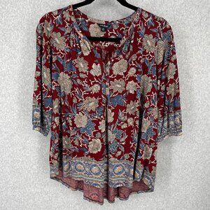 Lucky Brand Popover Floral Boho Top Blouse Size 2X Red Blue Flowy 3/4 Sleeve EUC